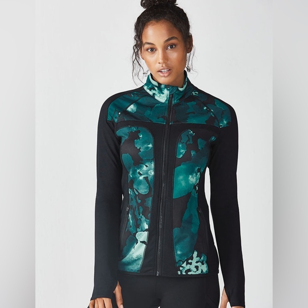 Fabletics JoJo Nocturnal Green Black Floral Full Zip Jacket Small Vents Pockets